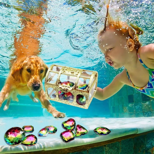 10PCS Kids Gemstones Toys Set Crystal Diamonds Jewelry Kit With Golden Treasure Chest 9 Unique Shaped Colorful Glass Gemstones Pool Diving Treasure Hunts