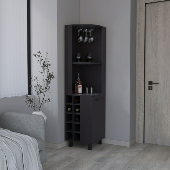Newboti Furniture Corner Bar Single Door Cabinet Two Shelves, Ten Built-in Wine Rack, Two Interior Shelves 24391