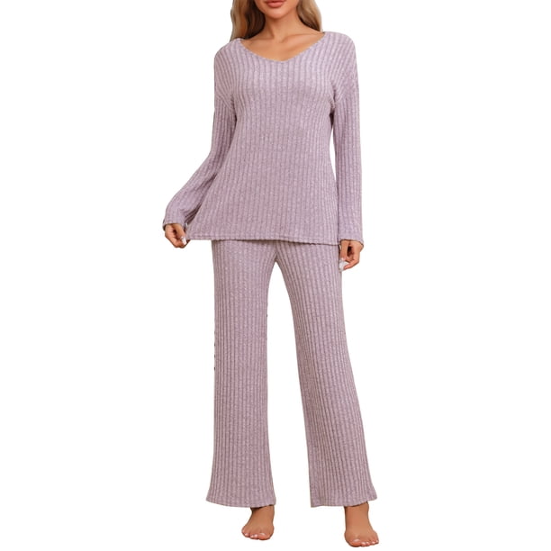 INSPIRAR CHIC Conjunto de Pijamas de Mujer de Punto Acanalado con Cuello en V y Manga Larga con Pantalones Ropa de Dormir Casual Tallas L Rosa