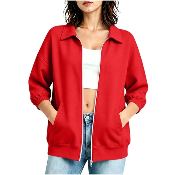 Yievot Jackets for Women Collared 3/4 Sleeve Zip Up Jacket Solid Color Casual Lightweight Coat with Pocket