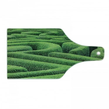 Garden Cutting Board, Green Plant Maze Growth Ecology and Nature Theme Labyrinth Landscape Outdoors City Park, Tempered Glass Cutting and Serving Board, Wine Bottle Shape, Green, by Ambesonne