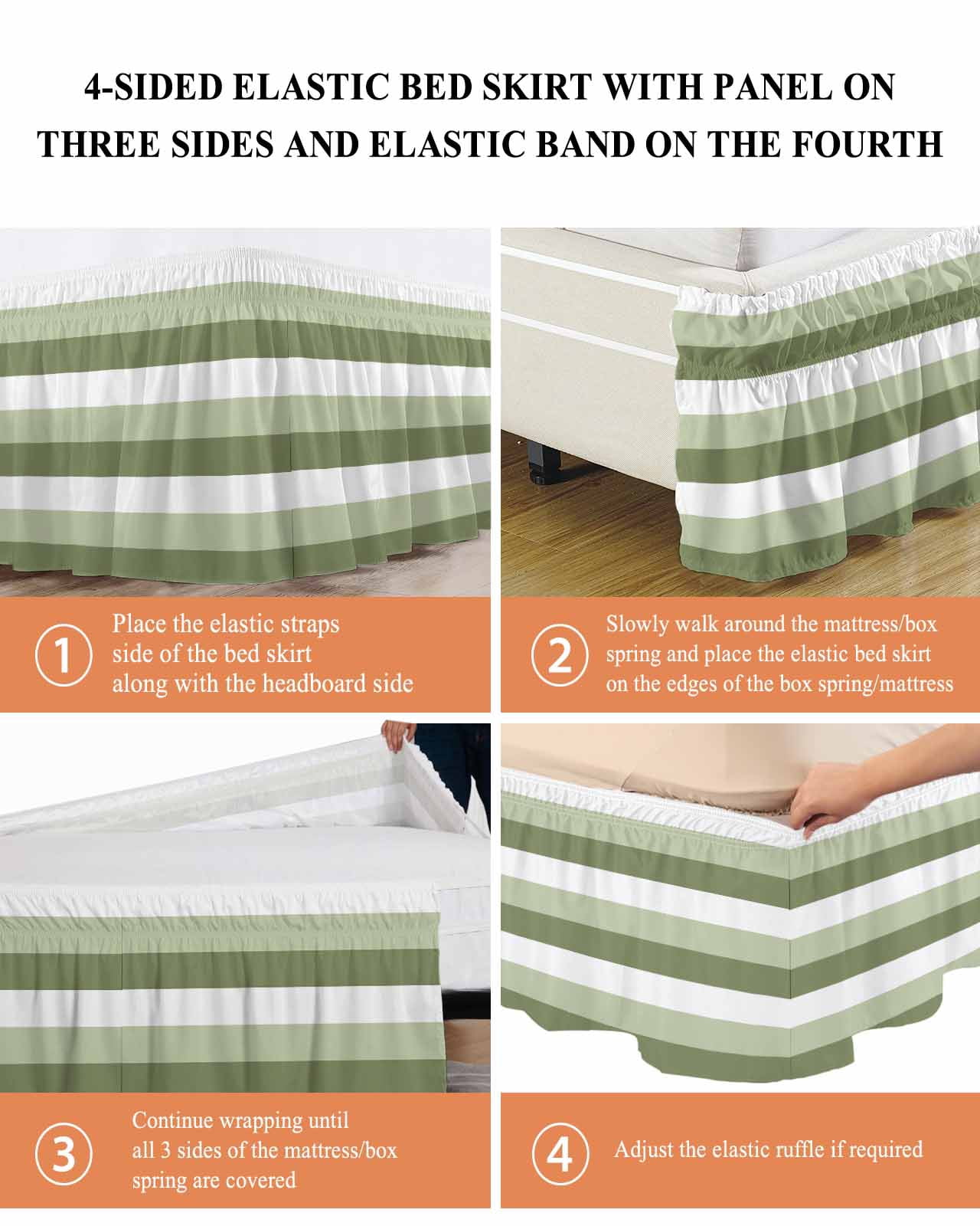 Sage Green White Striped Wrap Around Bed Skirts for California King Bed 18" Drop,Bed Skirt with Adjustable Elastic Belt Dust Ruffle Bed Valance for Bedroom Hotel Farmhouse Stripes Bed Frame Cover