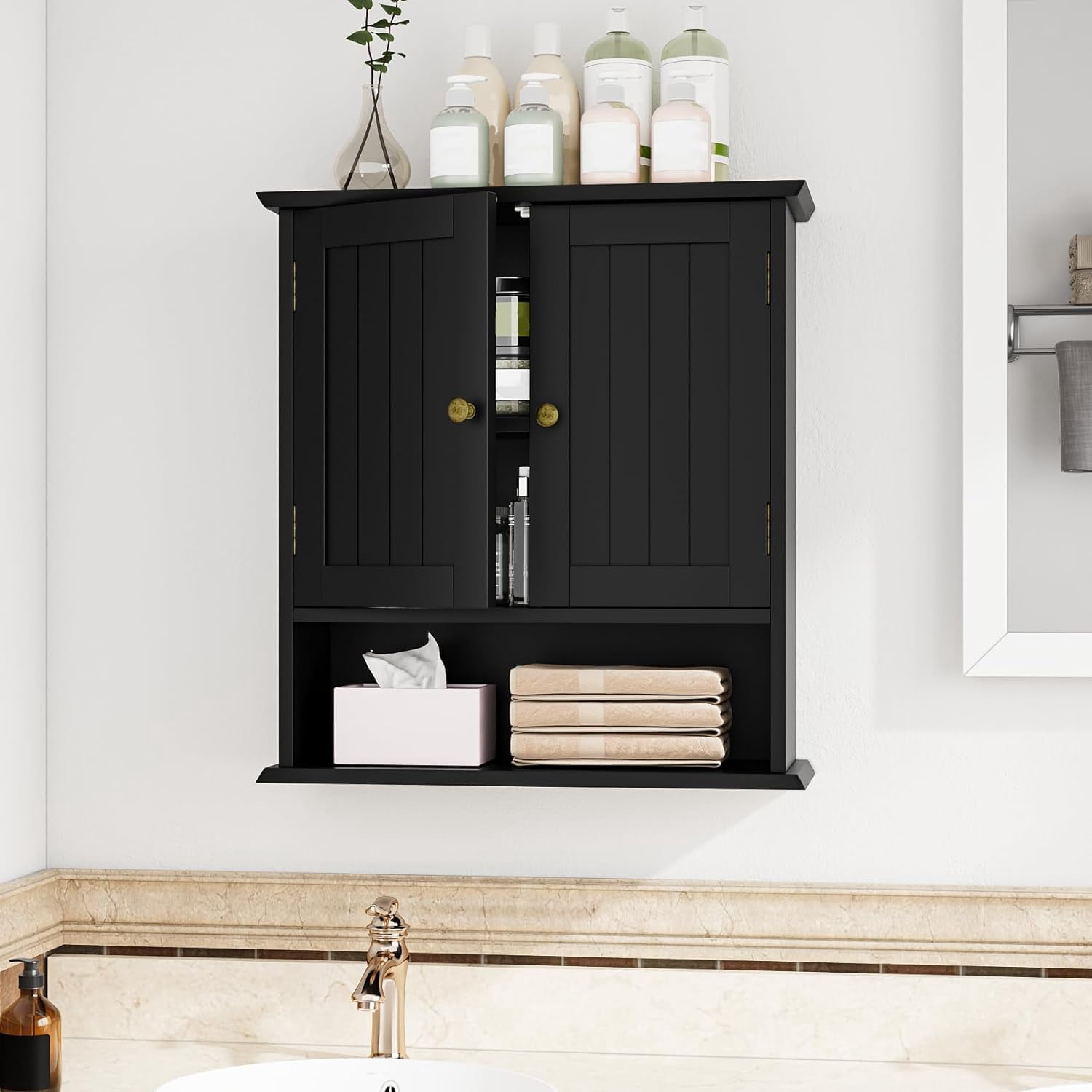 Semiocthome Bathroom Medicine Cabinet Wood 2 Doors Wall Cabinet over the Toilet Storage in Black