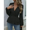 thumbnail image 5 of Women'S Elegant Solid Color Double Breasted Ruffle V-Neck Long Sleeved Shirt Black XXL, 5 of 8