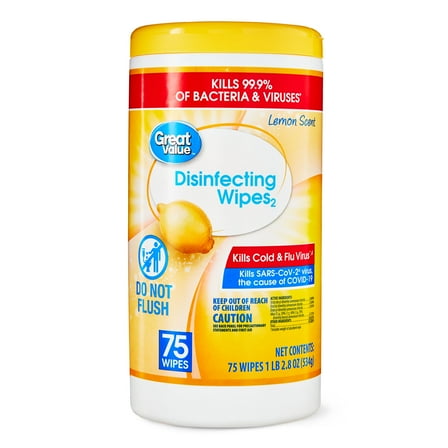 Great Value Lemon Scent Disinfecting Wipes, 75 Count, 1 Lbs, 5.5 oz