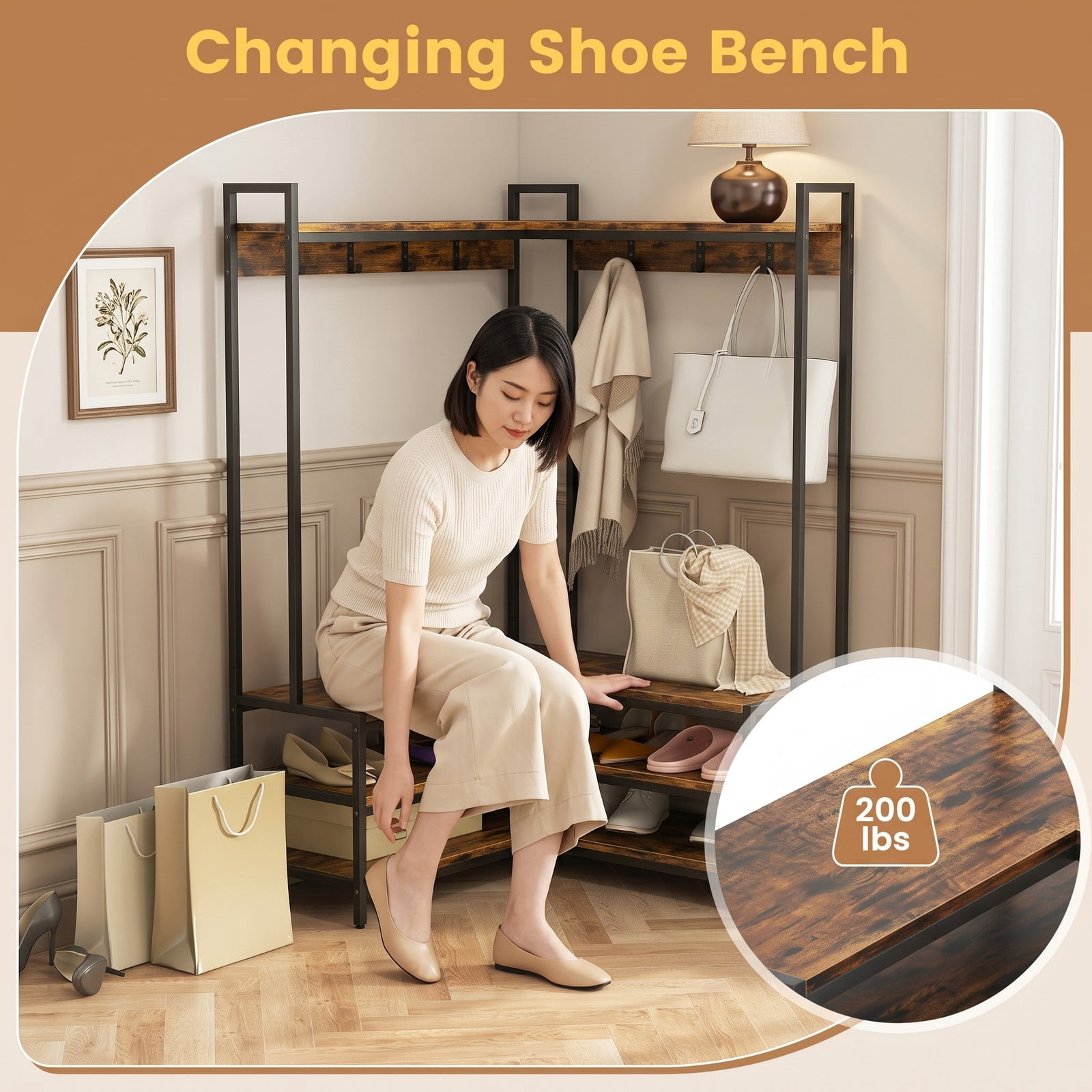 Furnibear L-Shaped Corner Garment Rack with Open Shelves 7 Hooks and Shoe Bench for Bedroom and Entryway Storage, Rustic Brown