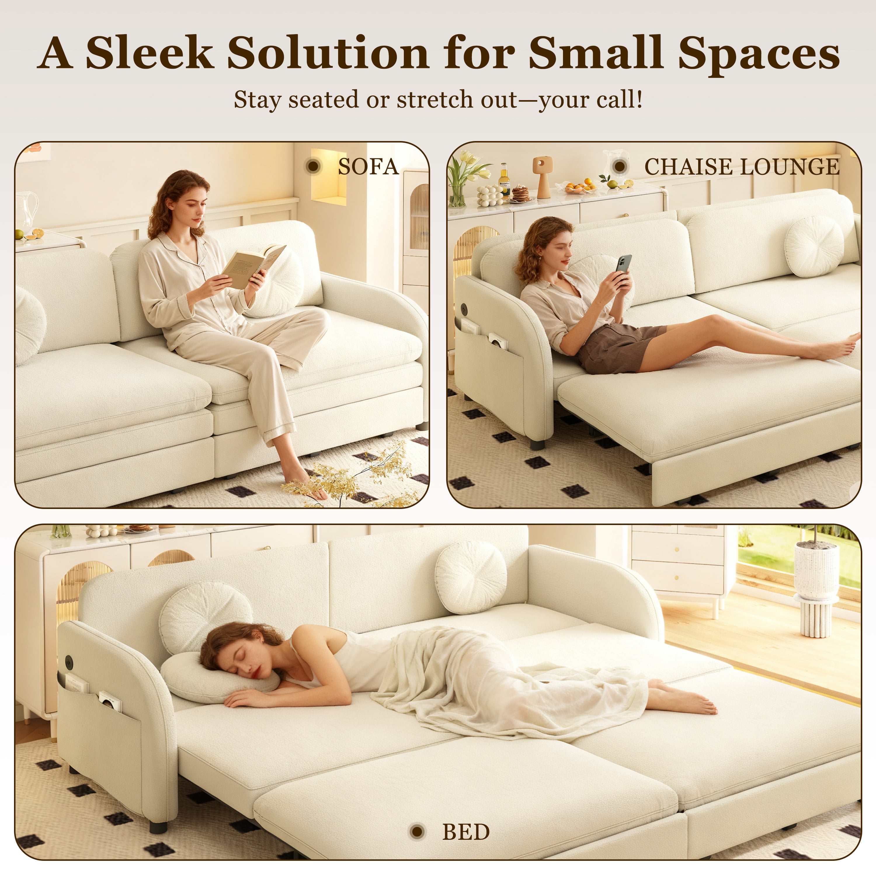 LLappuil Pull Out Sofa Bed King Size, Loveseat Sofa Covertible Sofa Bed, Chenille Sofa Couch with USB Port, Side Pocket for Living Room Beige