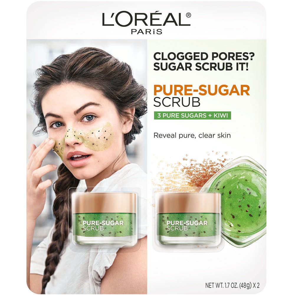 L'Oreal Paris Pure Sugar Scrub, 3 Pure Sugars + Kiwi (1.7 oz., 2 pk