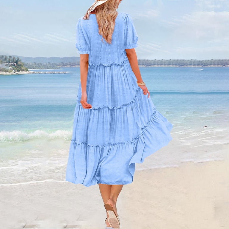 Horkkom Pleated Dress for Women Summer Crew Neck Short Sleeve Dress Casual  Tiered Maxi Dresses L - Walmart.com
