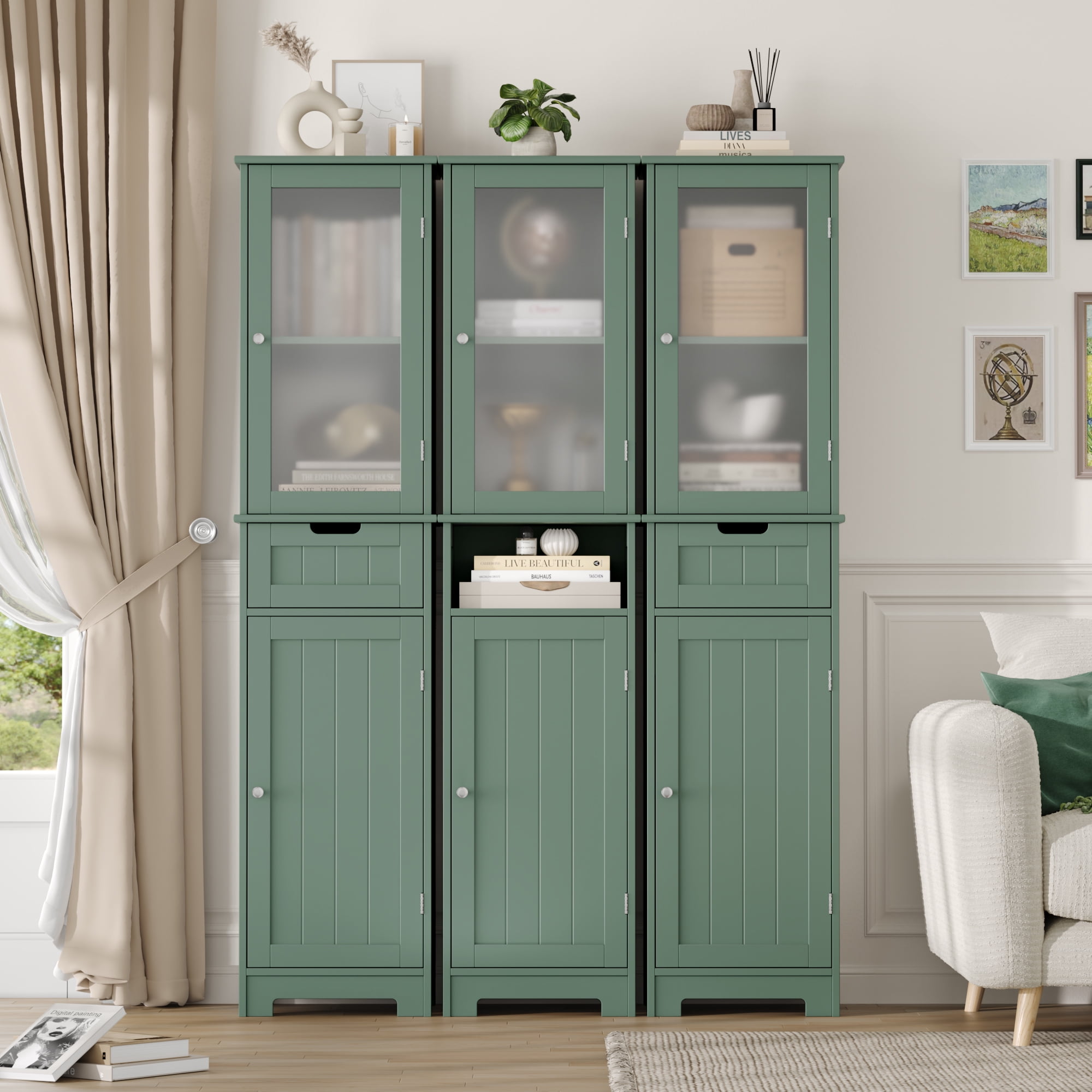 Homfa Bathroom Storage Tower, Narrow Linen Cabinet with Door and Drawers, Tall Bathroom Storage Cabinet for Small Spaces, Green