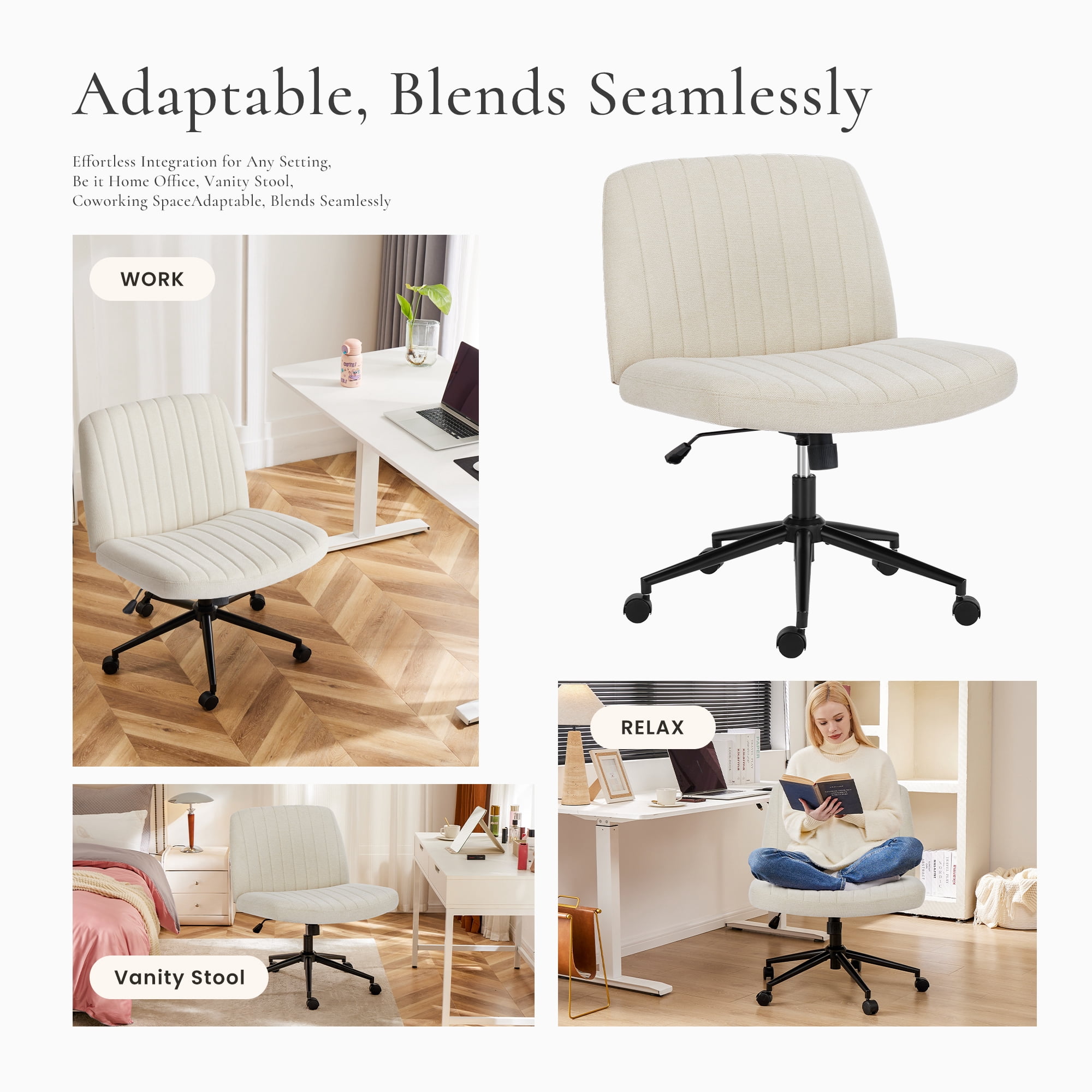 GIANNA Armless Criss Cross Legged Office Chair, Desk Chair With Wheels, Fabric, Beige