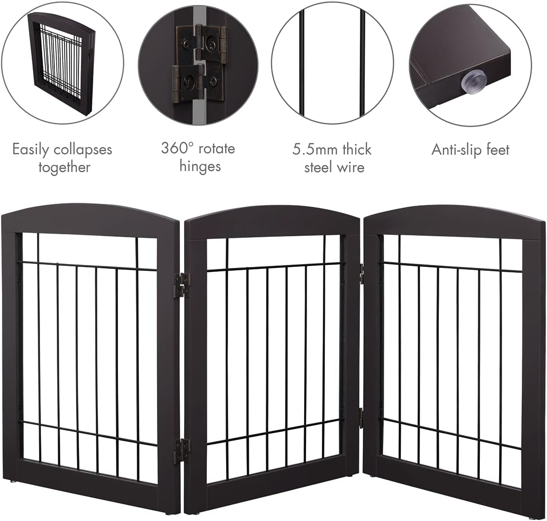 Free Standing Dog Gates for The House Stairs Doorways Indoor Foldable Wooden Small White Puppy Pet Gate Step Over Fence 60" W 24" H 3 Panels Espresso