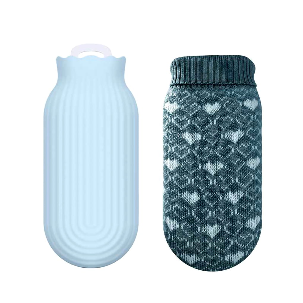 Microwave Heating Hot Water Bag with Knit Cover Warm Bottle Women Kids Hand Warmer, Sky Blue, L