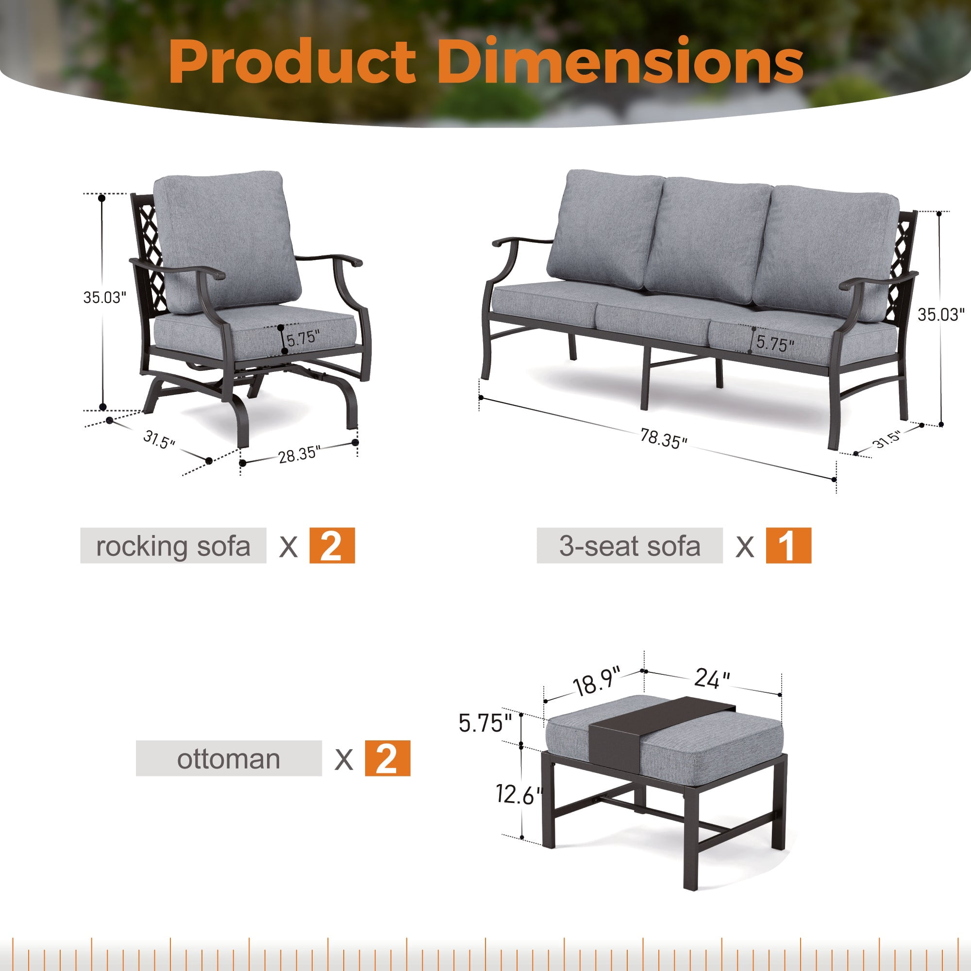 Sophia&William 5Pcs Patio Furniture Set Outdoor Metal Conversation Set with Ottomans & Rocking Chairs & 5.75" Thickened Cushions for Backyard, Deck, Gray