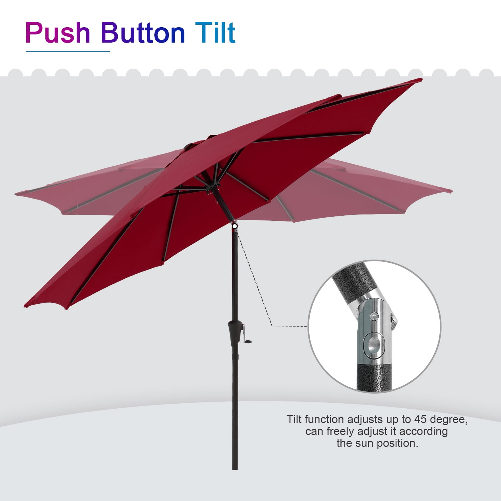 9ft Outdoor Patio Umbrella, with Push Button Tilt and Crank Sysytem, Sturdy Power Coated Frame, for Garden, Poolside, Deck and Backyard, Red