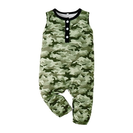 

OLLUISNEO Newborn Baby Boys Summer Bodysuit Crew Neckline Sleeveless Camouflage Jumpsuit 0-3 Months