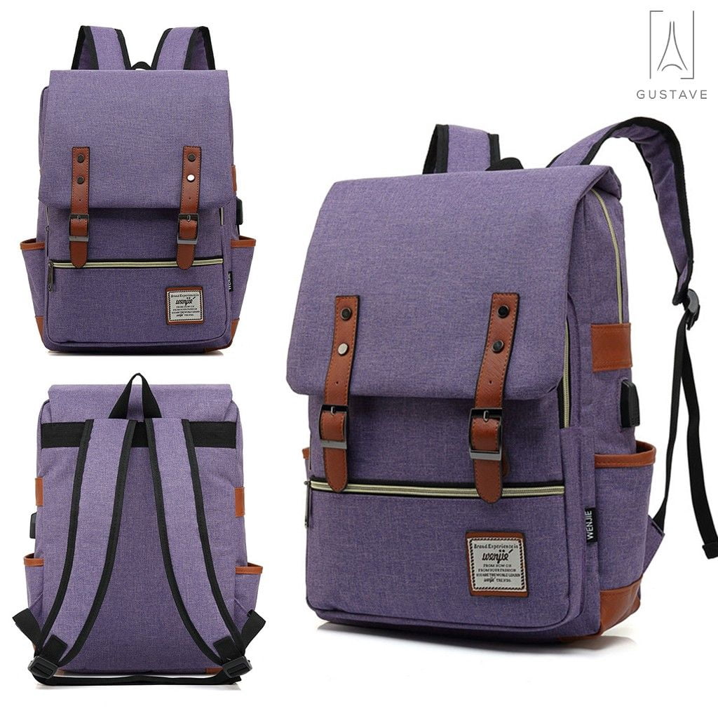 Gustave Canvas Anti-Theft Laptop Backpack for Men Women Large Capacity Casual Travel Backpack Daypack Computer Bag with USB Charging Port "Purple"