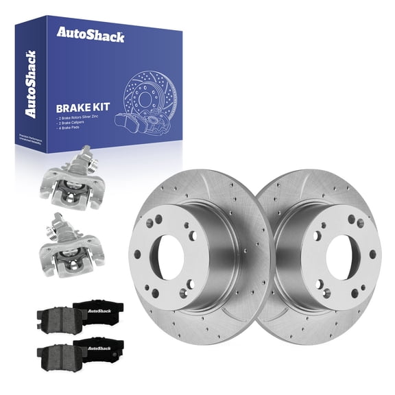 AutoShack Rear Brake Rotors, Premium Pads & Calipers for Honda, Accord 2003-2007, FWD L4 2.4L V6 3.0L - Silver Zinc Coated Drilled & Slotted - SilverShield Pro - 10.24" (260 mm), 5-Lug
