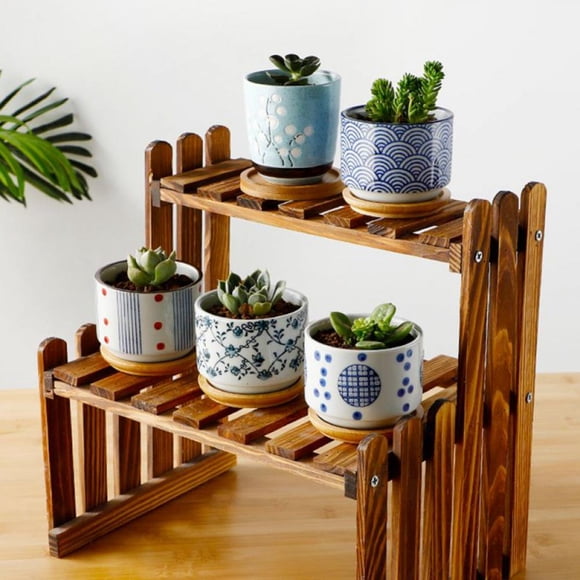 Round Ceramic Succulent Planter Pot with Bamboo Tray Window Flower Plant Container Box