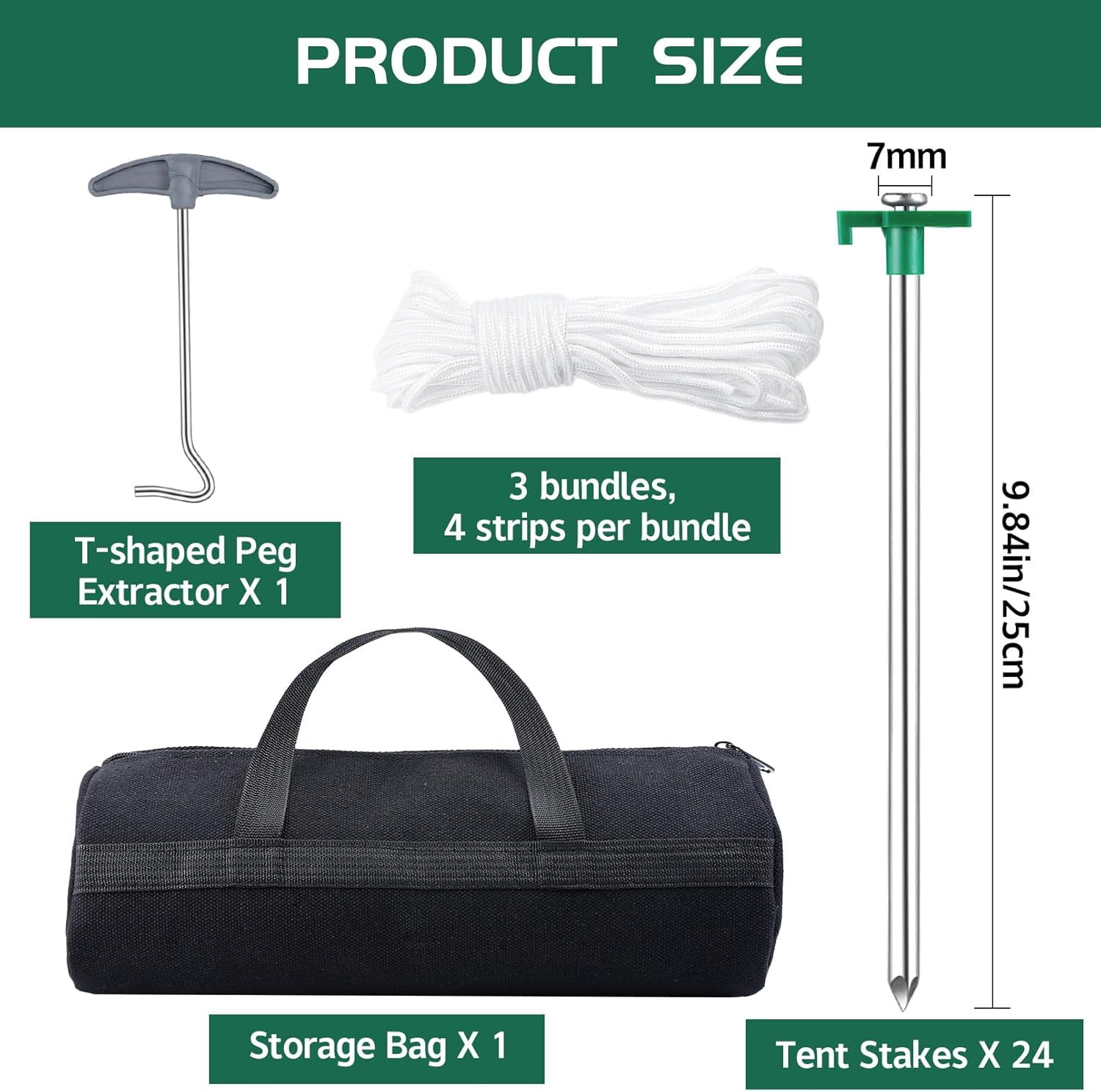 24 Pack Tent Stakes Heavy Duty, 9.8 Inch Camping Stakes, Non-Rust Metal Tent Pegs with 12 Pcs Rope and Storage Bags, Ground Stakes Tent Spikes for Camping Garden Outdoor Travel (Green)