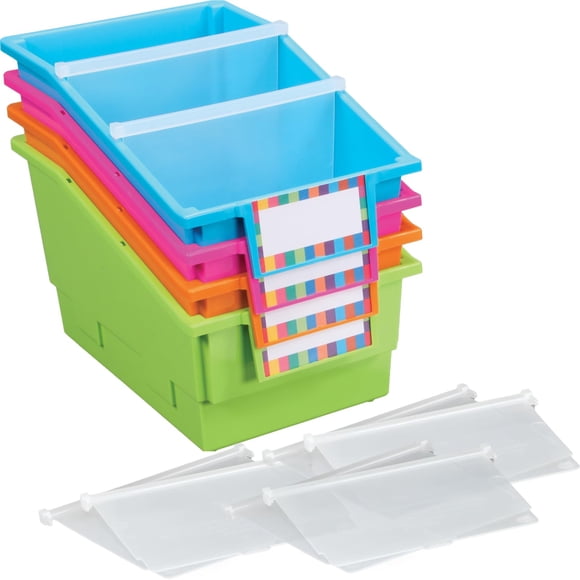 Really Good Stuff Chapter Book Library Bins with Dividers, 8¾" x 13½" x 7¾" - 4 Pack, Neon | Plastic Shelf Bin Organizer for Cla