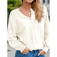 thumbnail image 5 of Women'S Button Crew Neck Sweater Fall Long Sleeve Henley Shirts Trendy Loose Knit Pullover Tops White M, 5 of 8