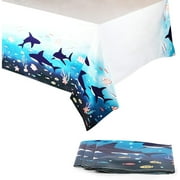 3 Pack Shark Themed Under The Sea Tablecloth, Disposable Table Cover for Parties (54 x 108 In)
