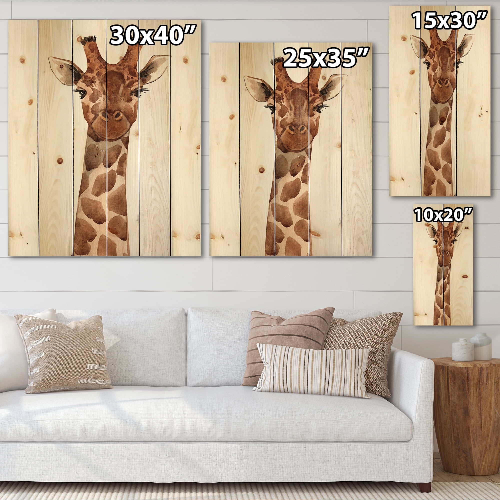 Designart 'Close Up Portrait of A Giraffe XI' Farmhouse Print on Natural Pine Wood