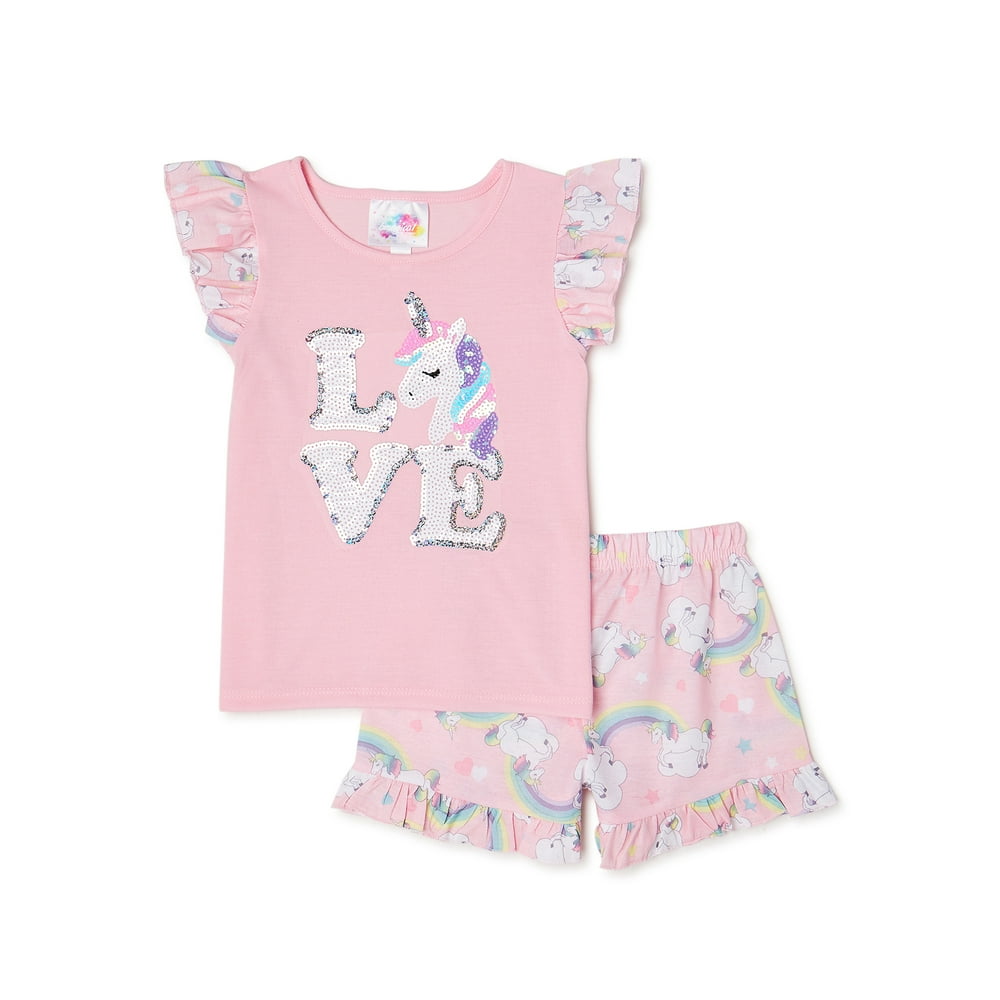 Btween Btween Girl's Unicorn Love Ruffle Pajama Shorts Set, 2Piece