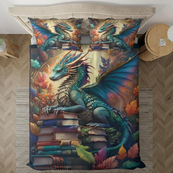 Lotusprinthandmade Dragon With Books Bedding Set (Made in Vietnam) (60x80), Fantasy Dragon Bedding