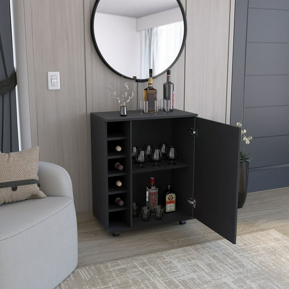 Nmkwnr Wood Bar Cart with Wine Storage Rack and Single Door Cabinet, Perfect for Living Room, Bar, Dining Room, Black