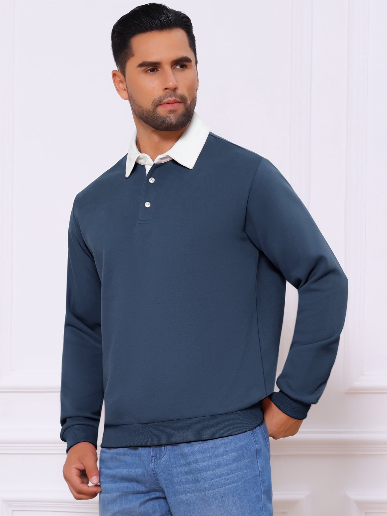 DARING DIVA Men's Contrast Collared Long Sleeves Pullover Polo Sweatshirt 2XL Dark Blue