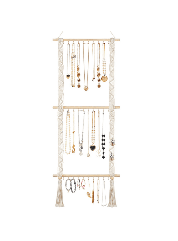 Hanging Jewelry Organizer Macrame Necklace Holder with 30 Hooks, Wall Mounted Necklace Rack, Necklace Hanger with Tassel for Necklaces Bracelet Earrings