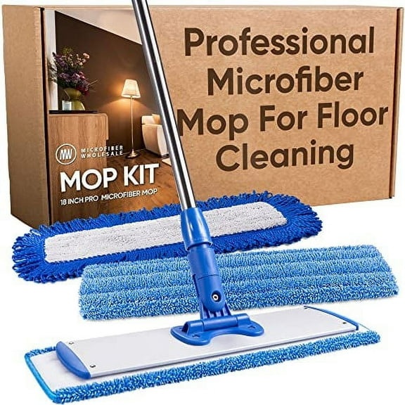 18" Professional Microfiber Mop | Stainless Steel Handle | Premium Mop Pads   2 FREE Microfiber Cloths