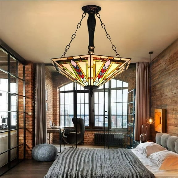 FINE MAKER 21 inch Tiffany painted chandelier, dining room 5 light vintage style art chandelier