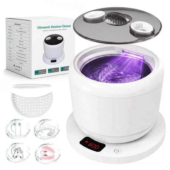 Ultrasonic Retainer Cleaner, 45kHz Dental Pod with UVC Light, 4 Modes Digital Timer 200ML for Dentures, Aligners, Braces, Night Guards, Jewelry