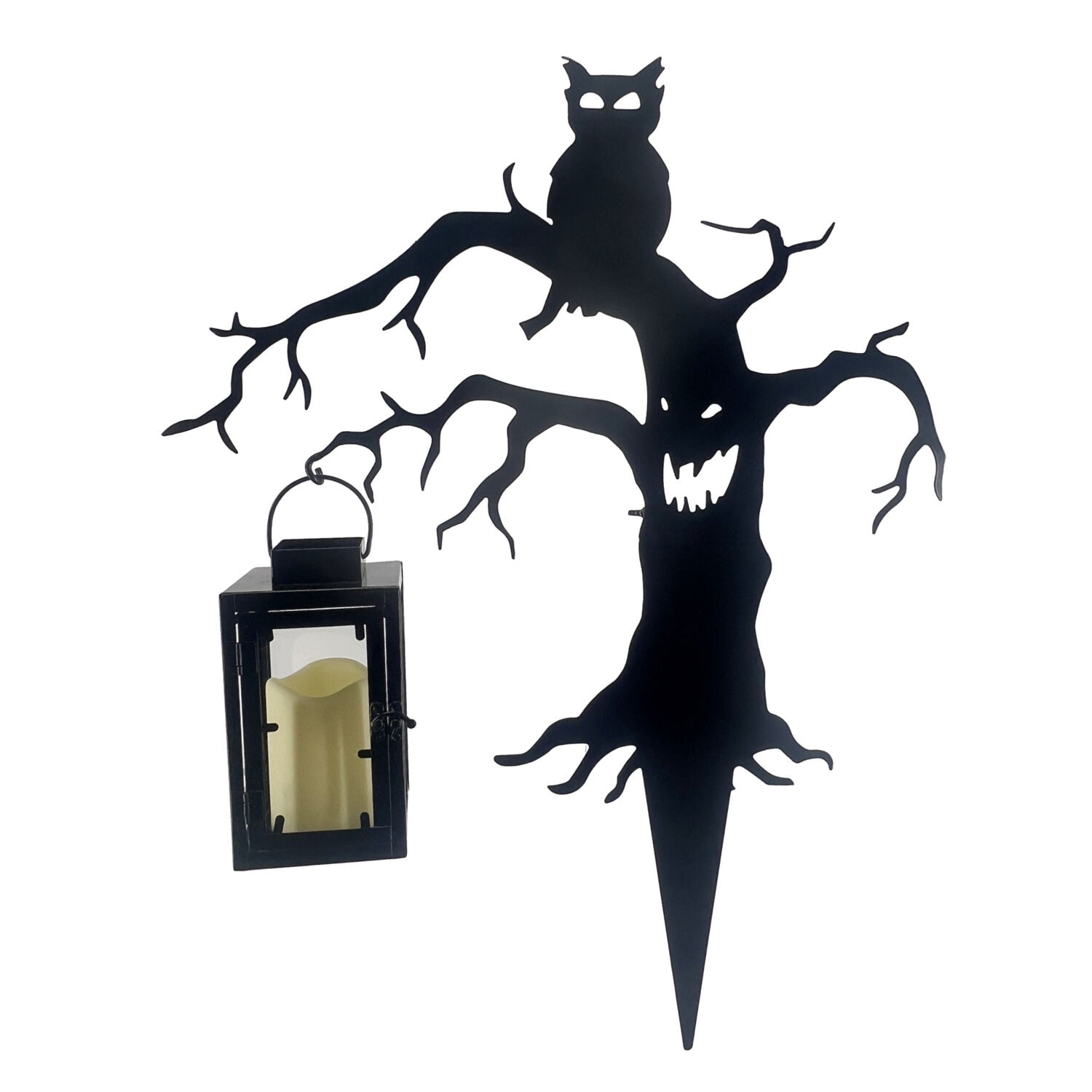 Haunted Hill Farm Halloween Decoration Metal Spooky Tree with Owl & Lantern Warm White 2-Ft.