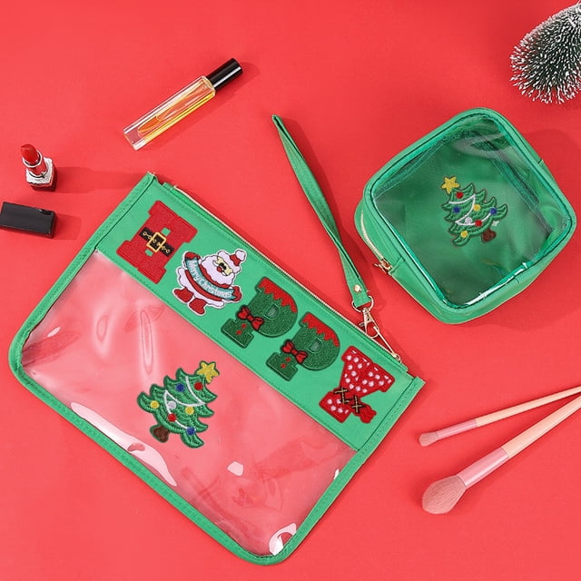 Juego de neceseres navideños transparentes - Organizador de artículos de tocador de viaje con bordado festivo de Papá Noel y árbol Un neceser de maquillaje