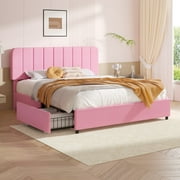 VECELO Full Size Bed Frame with 4 Storage Drawers, Modern Upholstered Platform Bed Frame with Adjustable Headboard, No Box Spring Needed, Pink