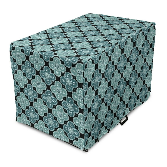 Moroccan Dog Crate Cover, Floral Inspire Mediterranean Oriental Damask Print, Easy to Use Pet Kennel Cover Small Dogs Puppies Kittens, 7 Sizes, Teal Petrol Blue, by Ambesonne