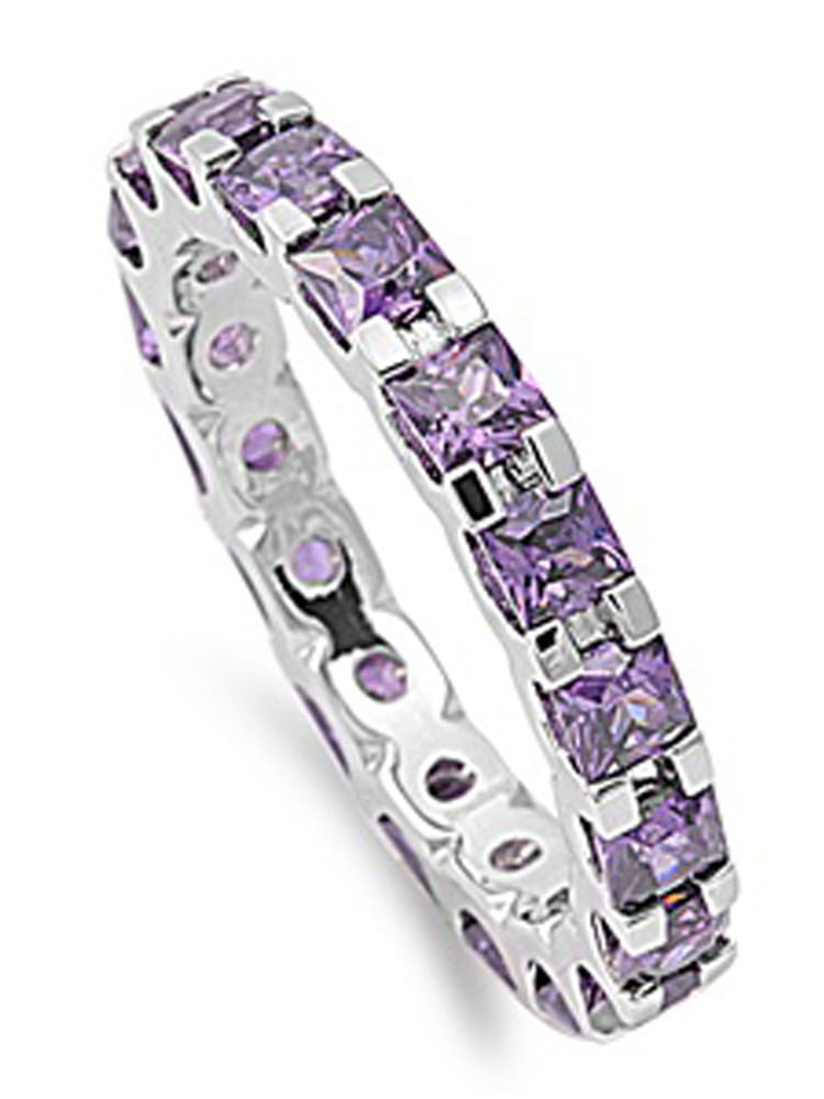 Oval Amethyst CZ Eternity Stackable and Round Clear CZ Genuine Silver Ring 