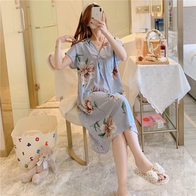 Camisón de seda de algodón para mujer, pijama de verano de manga corta con estampado de dibujos animados, estilo de talla grande, suelto, de seda de algodón, ropa de casa fina