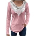 thumbnail image 2 of AXXD Womens Blouses Dressy Casual Pink Basic Summer 2024 Lace Solid Color Pullover V-Neck Long Sleeve T-Shirt Top, 2 of 6
