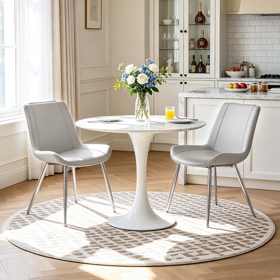 Modern Faux Leather Dining Chairs Set of 2, Upholstered Dining Side Chairs with Metal Legs, Comfort Backrest Chair For Kitchen Dining Room Cafe(Grey, Silver Legs)