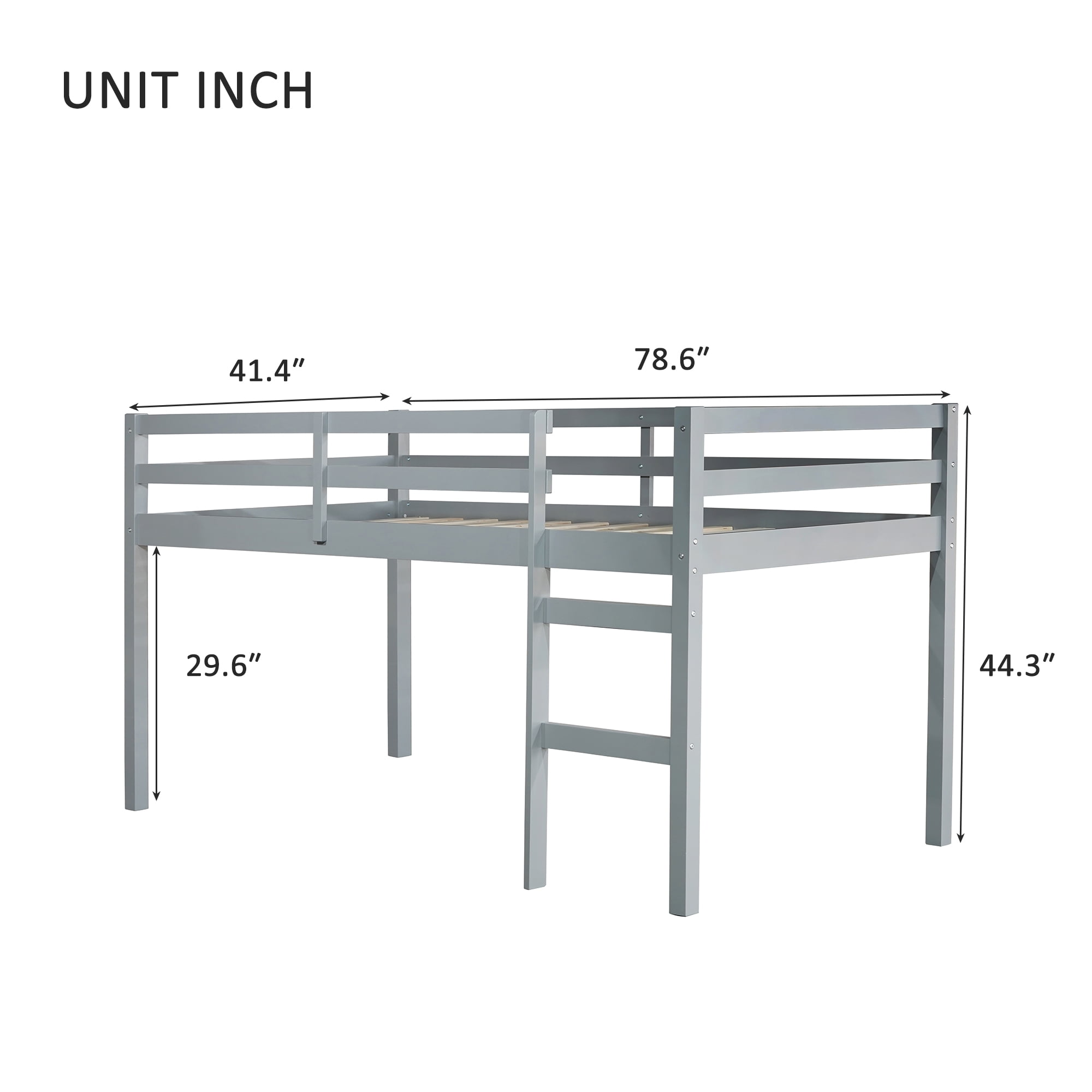 Miniyam Wood Twin Size Loft Bed for Kids, Space-Saving Design, Gray