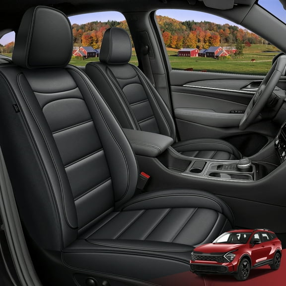 AOMSAZTO Car Full Seat Covers Fit for Sportage 2018-2024-2025 Faux Leather Waterproof Automotive Seat Cushion Compatible with Airbags(2 Row 5 Seat,Black)
