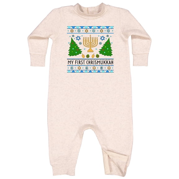 Inktastic My 1st Chrismukkah Sweater Style with Menorah and Trees Baby Fleece Romper