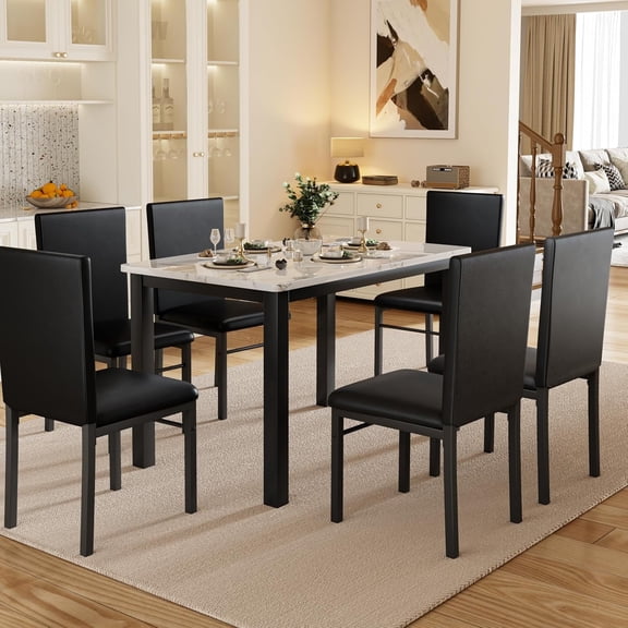 Monteka 7-Piece Dining Room Table Set for 6|Modern Dinner Kitchen Table Chairs Set of 6|Space-Saving Square Table for Small Apartments|Furniture with Metal Frame & MDF Board|White & Black