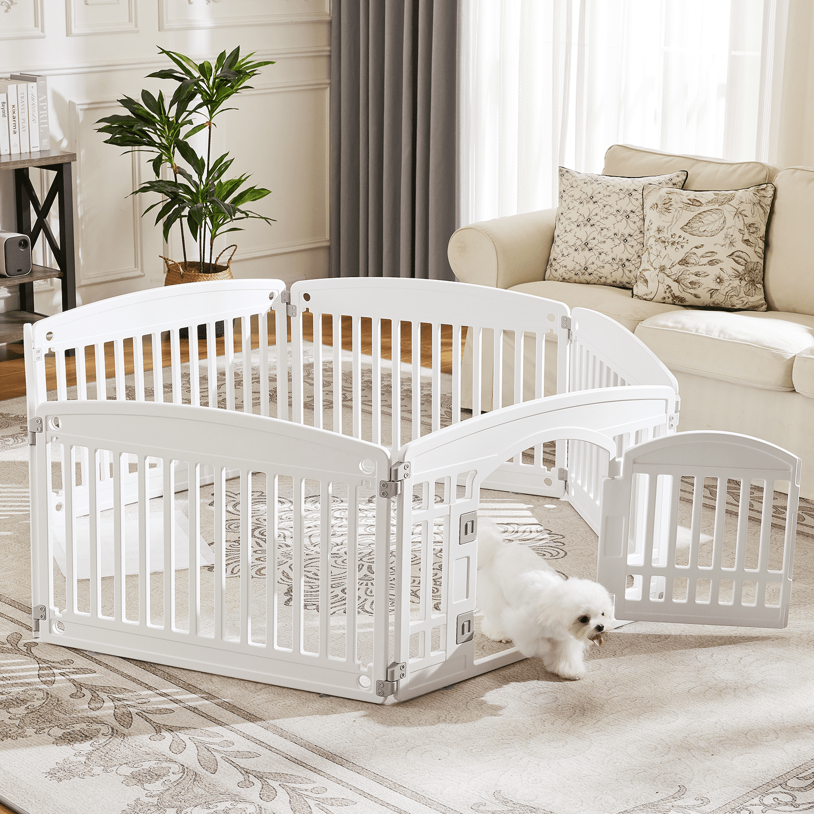 Euqvunn Plastic Dog Playpen, 24" 6-Panel Pet Pen with Door, Folding & Portable, Easy to Clean, for Small to Medium Dogs, for Indoor & Outdoor, White