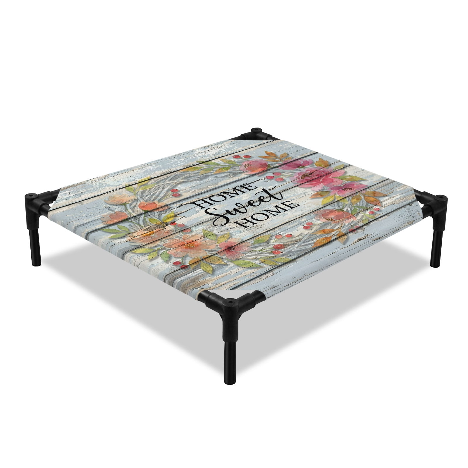 Home Sweet Home Elevated Dog Bed, Country Pastoral Pink Floral Leaf Wreath Wood Grain Cooling Breathable Outdoor Raised Dog Cot Bed with Metal Frame Non-Slip Feet for Small Dog 20x20in